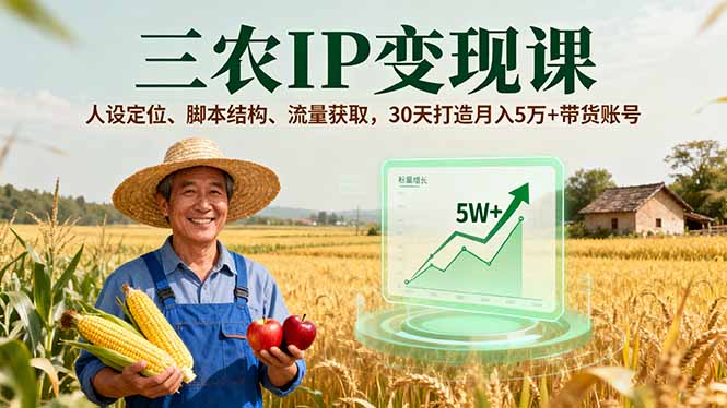 三农IP变现课,人设定位、脚本结构、流量获取,30天打造月入5万+带货账号-摇钱述